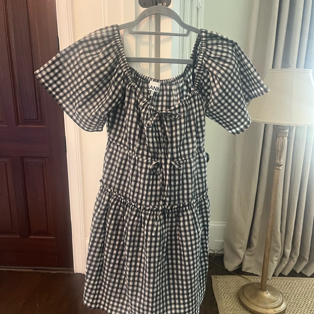 GANNI seersucker tiered mini dress